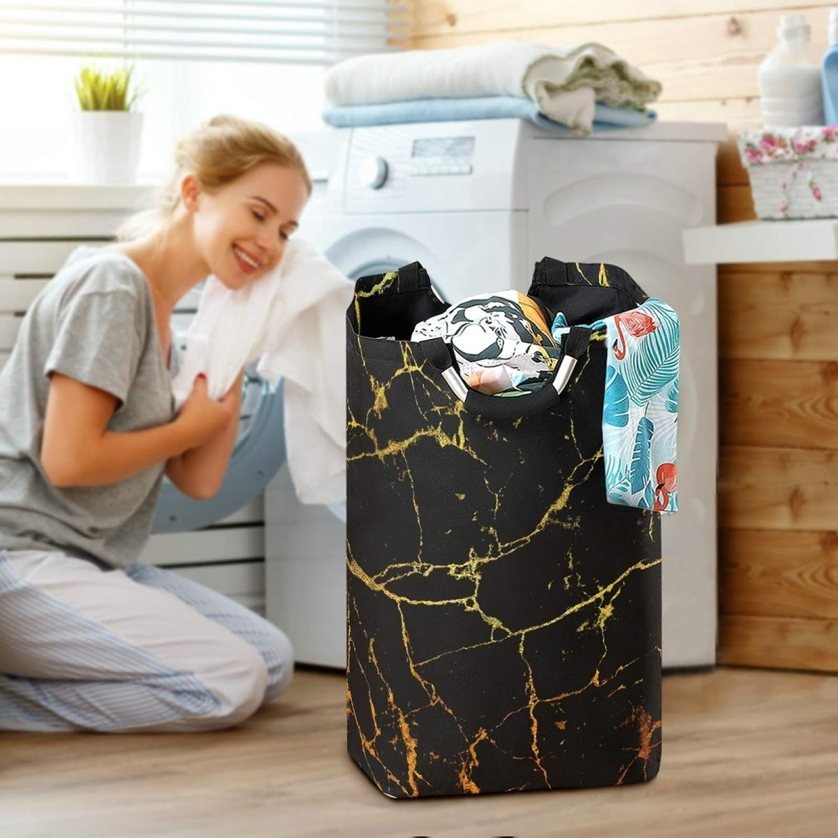 ALAZA Large Laundry Hamper Basket Black Marble With Gold Geometric Laundry Bag Collapsible Oxford Cloth Stylish Home Storage Bin with Handles, 22.7 Inch