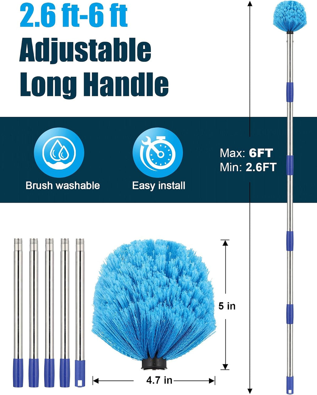 Cobweb Duster with Extension Pole, Outdoor Spider Web Brush with 6 ft Long Handle, Metal Cob Web Remover for High Ceilings Fans Indoor Cleaning, Medium-Stiff Bristles Dust Brush, Lightweight Cleaner