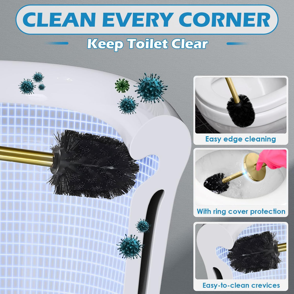 Stainless Steel Toilet Brush and Holder, Golden Toilet Cleaner Brush, Toilet Bowl Brush and Holder for Bathroom Storage Organization