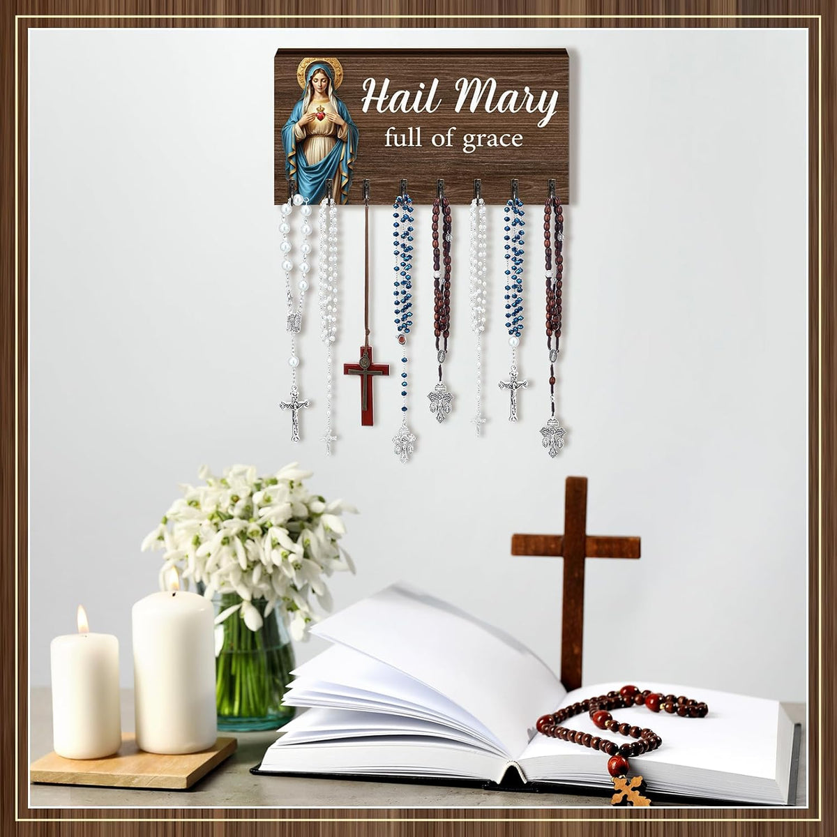 Chunful 2 Pcs Rosary Holder Wall Mounted with 16 Hooks Wooden Rosary Hanger