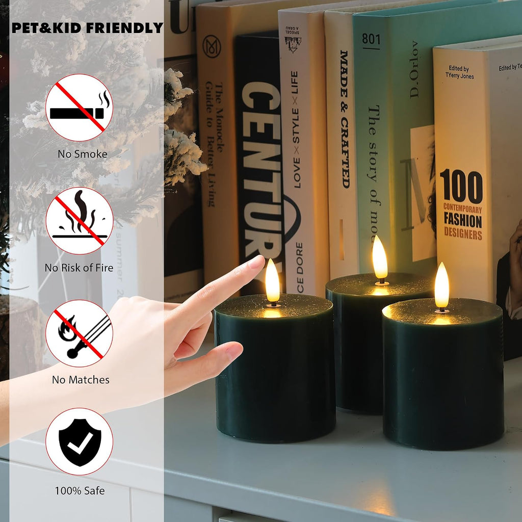 Green Flameless Pillar Candles, Real Wax Battery Operated Candles with Remote and Timer, Flickering LED Candles for Christmas Holiday Home Decor,Xmas Gift, Set of 3(3"x3")