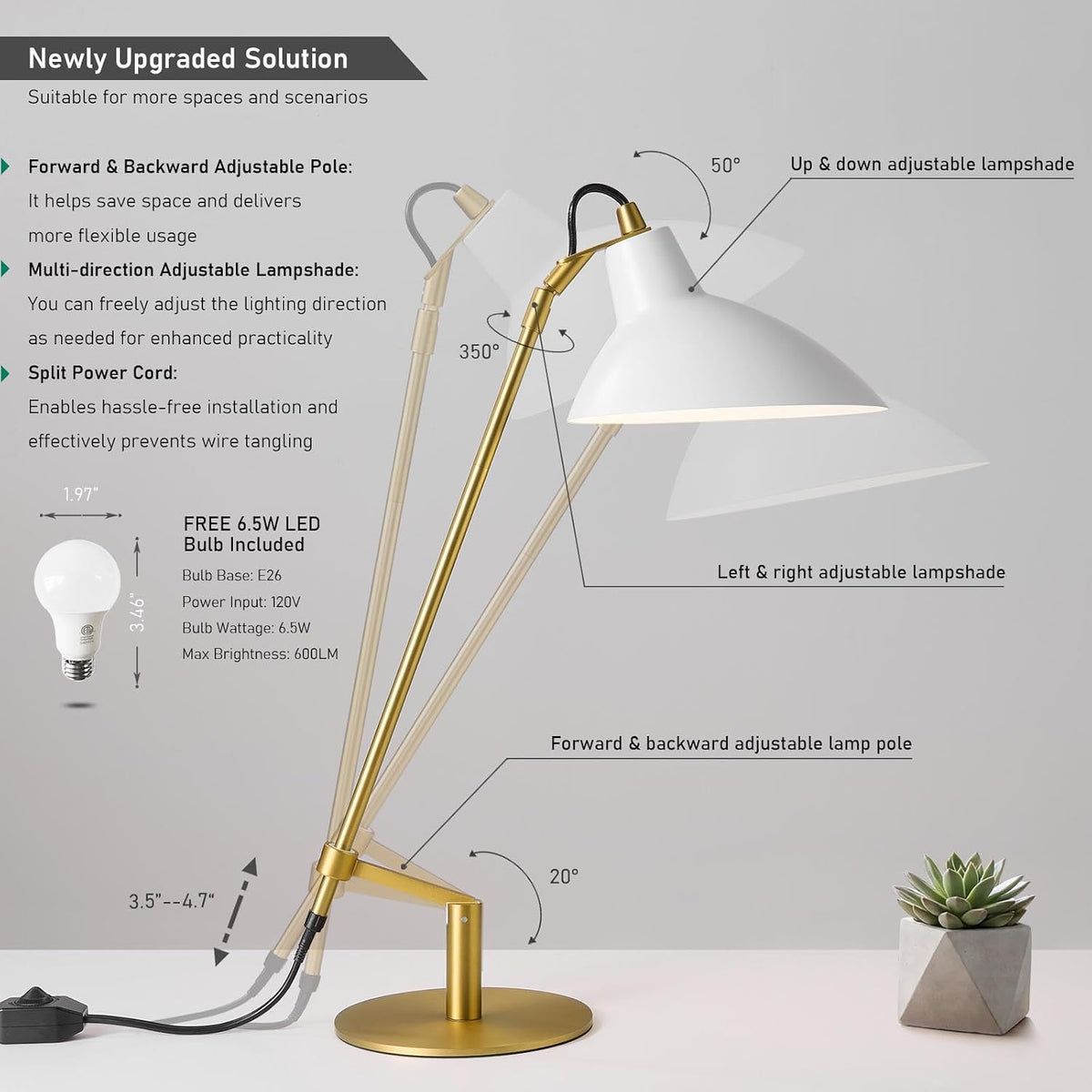 Desk Lamp Modern Industrial 100% Metal Adjustable Table Lamp 24", Natural Light (4000K) with Dimmer, Ideal for Office Bedroom Study Room Living Room Nightstand Bedside Lamps White+Brass