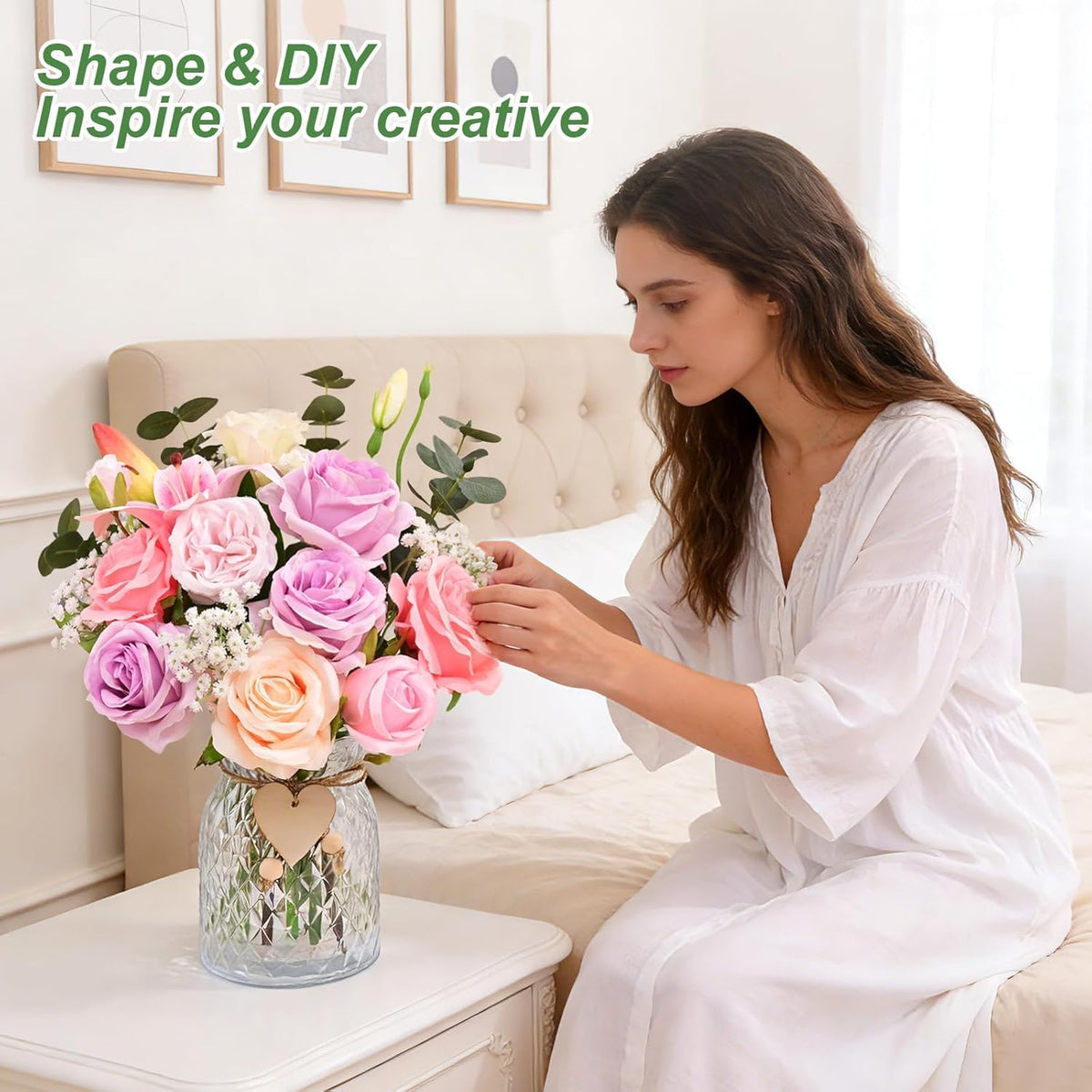 Livole 22Pcs Artificial Faux Flowers with Vase & Light Real Touch Flower