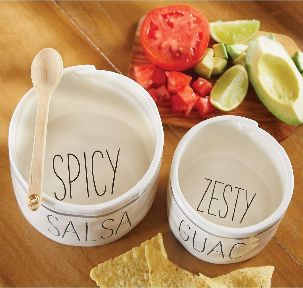 Mud Pie Salsa and Guac Bowl Set, Nesting Ceramic Dip Bowls with Wood Spoon