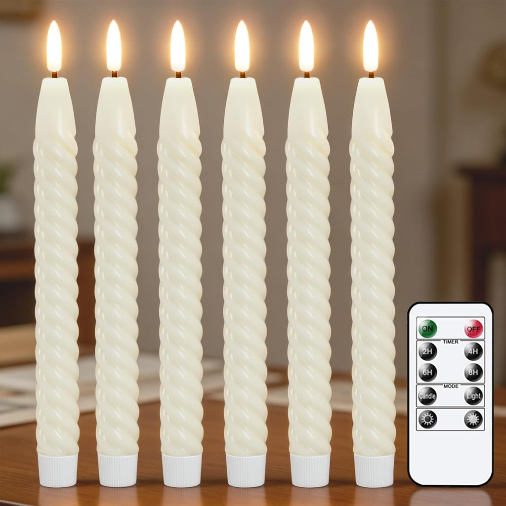 Ivory Flameless Taper Candles Flickering with Remote Timer