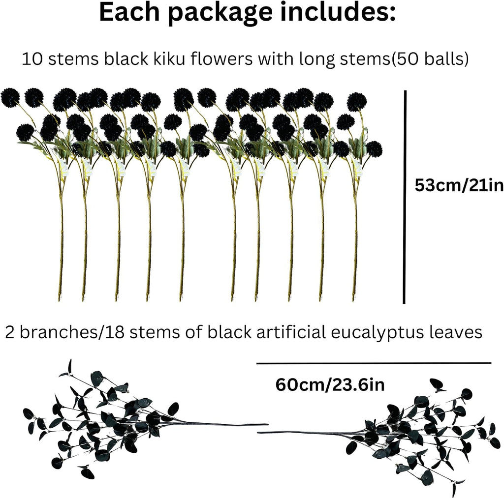 12 Black Artificial Flowers & Eucalyptus Long Stems, Halloween Decor