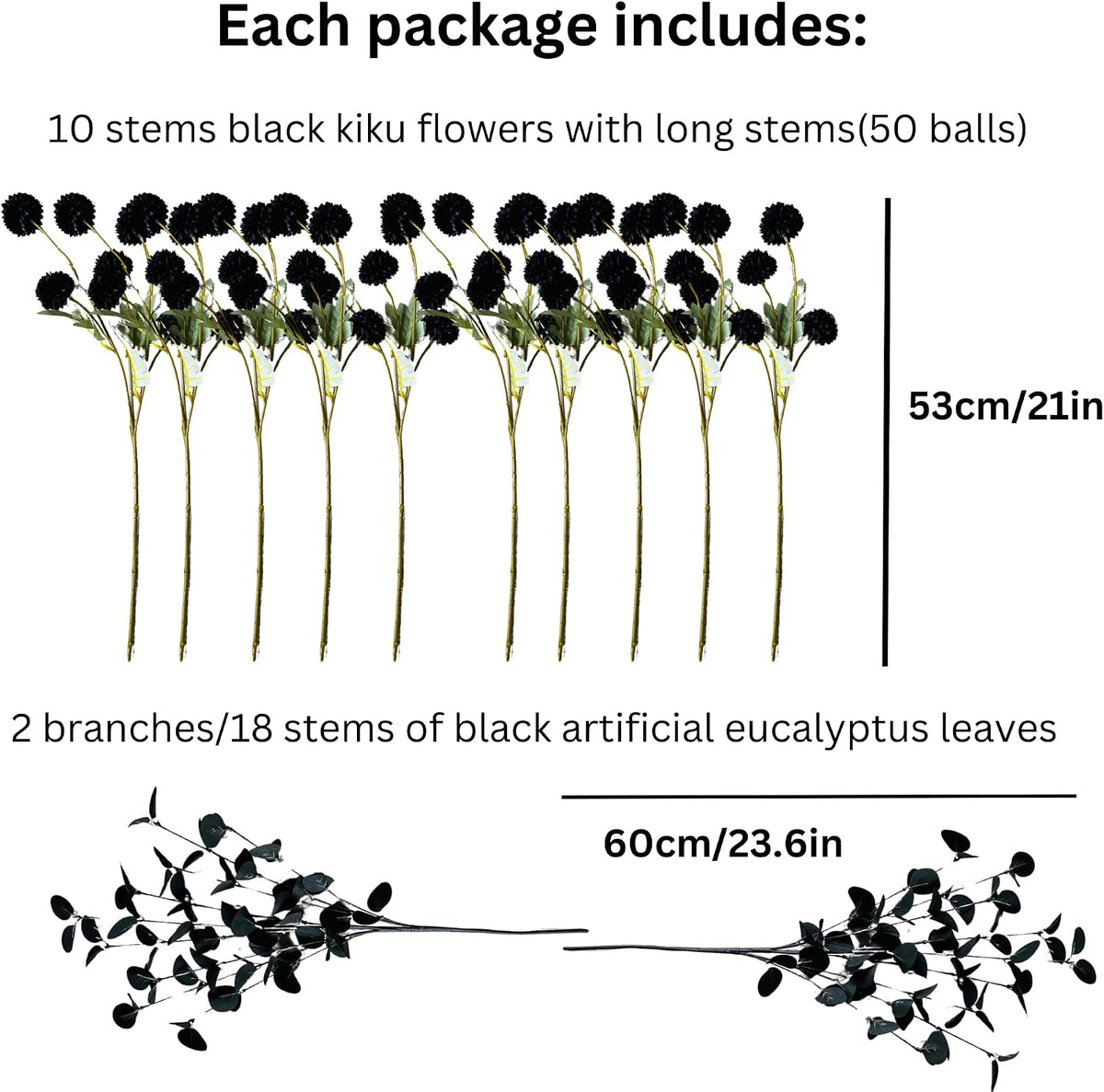 12 Black Artificial Flowers & Eucalyptus Long Stems, Halloween Decor