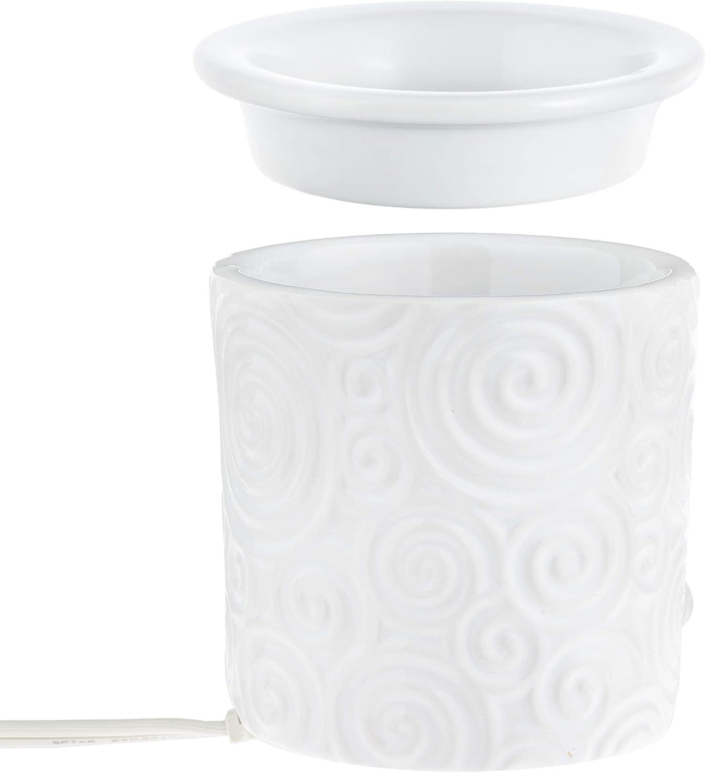 White Swirl Ceramic Candle Warmer Electric with Safety Timer | Automatic Plug in Fragrance Warmer for Scented Wax Melts, Cubes, Tarts | Air Freshener Set for Home Décor, Office, and Gifts