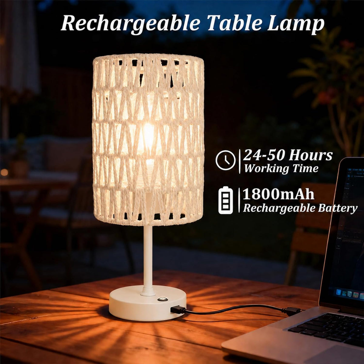 Boho Cordless Outdoor Table Lamps, Rechargeable Battery Operated Rattan Table Lamps, Stepless Dimmable, for Covered Patio, Porch, Gazebo, Living Room, Bedroom Decor- Set of 2 (Ivory White)