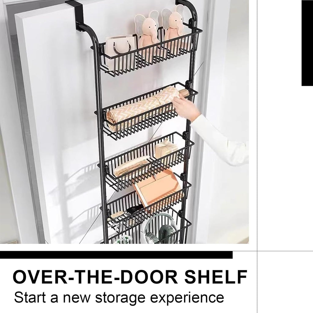 Over the Door Organizer, Metal Behind Door Hanging Storage, Toys Umbrellas Bags Organizer Rack, Large Capacity Organizer for Bedroom Bathroom Kitchen Pantry Closet Cabinet (Black,Six-Tier)