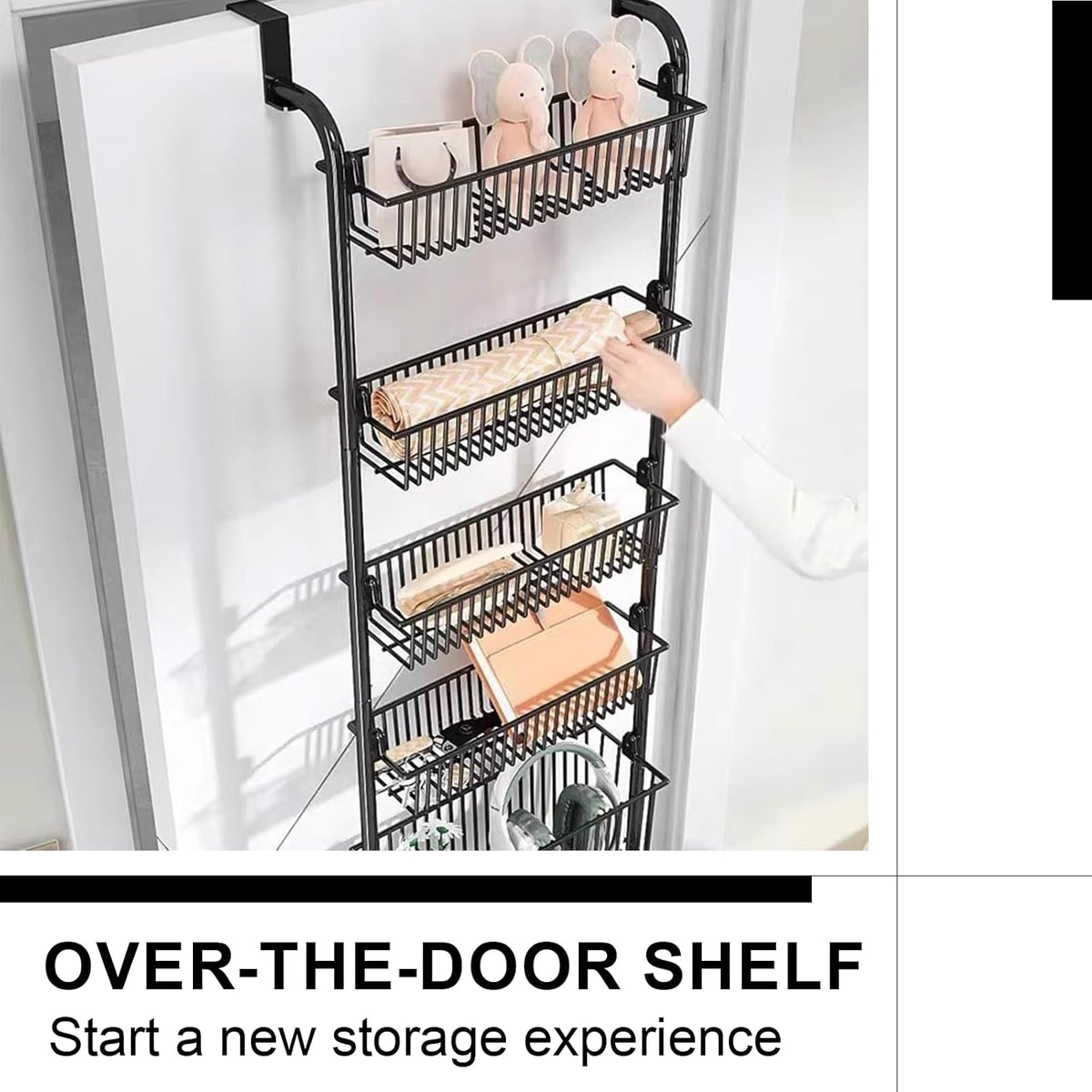 Over the Door Organizer, Metal Behind Door Hanging Storage, Toys Umbrellas Bags Organizer Rack, Large Capacity Organizer for Bedroom Bathroom Kitchen Pantry Closet Cabinet (Black,Six-Tier)