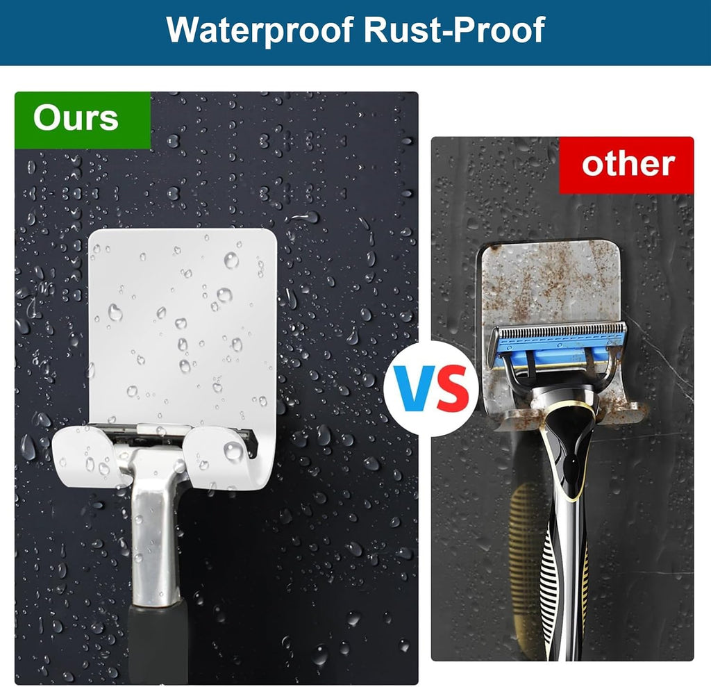 Razor Holder for Shower + Adhesive Wall Hooks, Premium 304 Stainless Steel Shower Razor Holder with Heavy Duty Waterproof Sticky Hooks for Hanging Towels, Coat, hat (4+4 Pack) - White