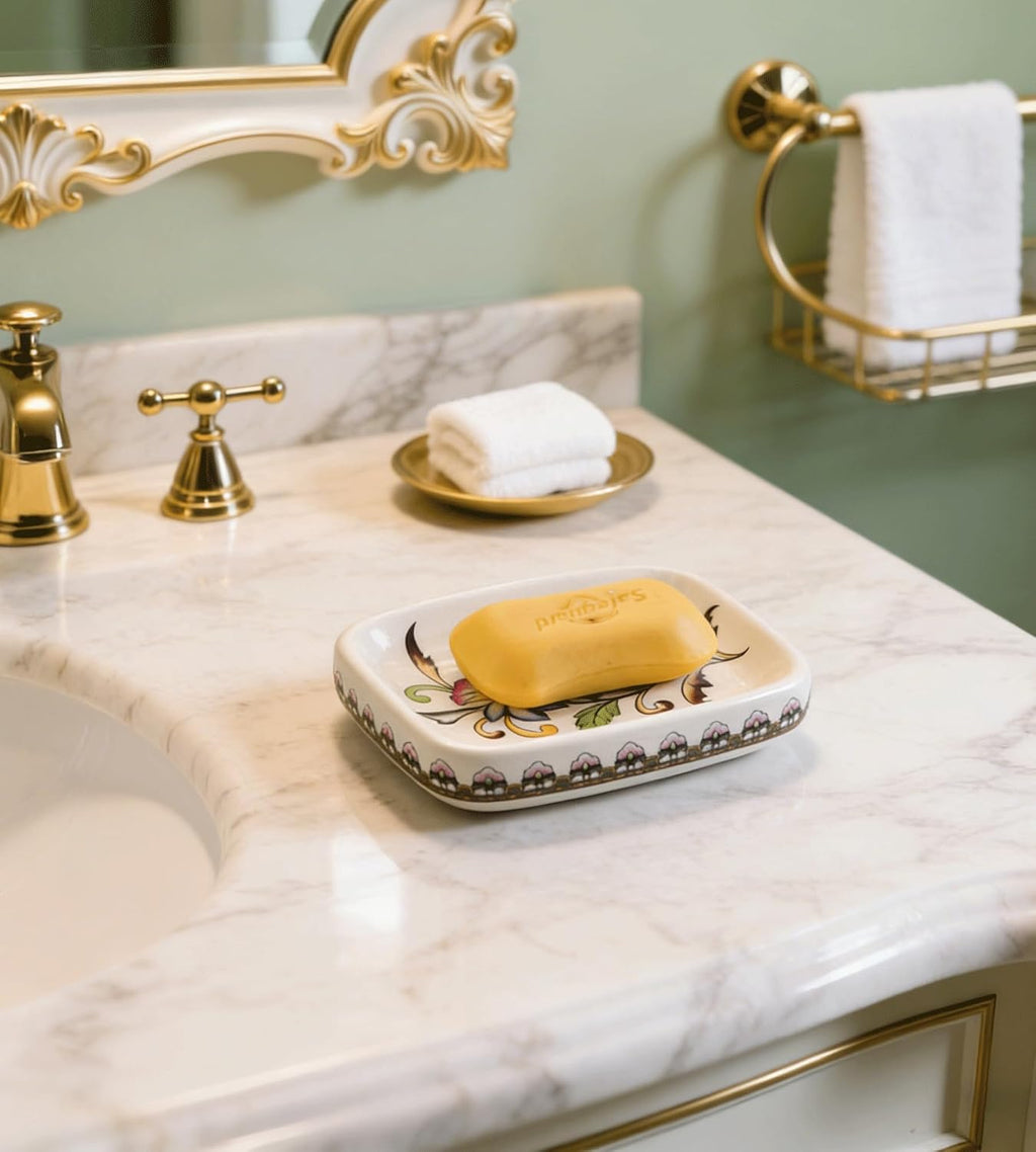 Kelake Ceramic Soap Dish Creative Ice Crack Ceramic Clorful Flower Pattern Soap Dish Holder for Bathroom and Shower Soap Tray Box with Drain Gift for Mum Family