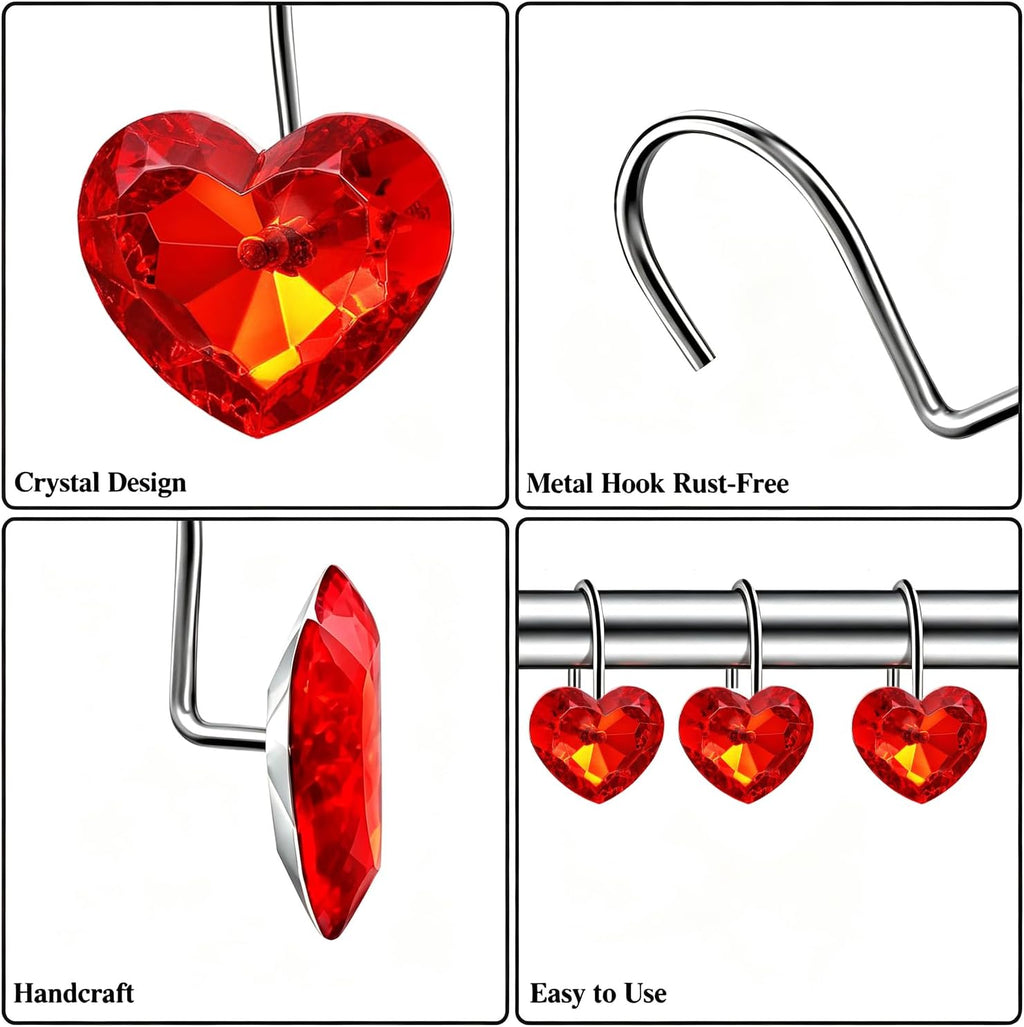 Grace life Set of 12 Heart Shape Clear Bling Rhinestone Shower Curtain Hooks Rings Love Icon Decorative Curtain Rod Hangers Pothook (Red)