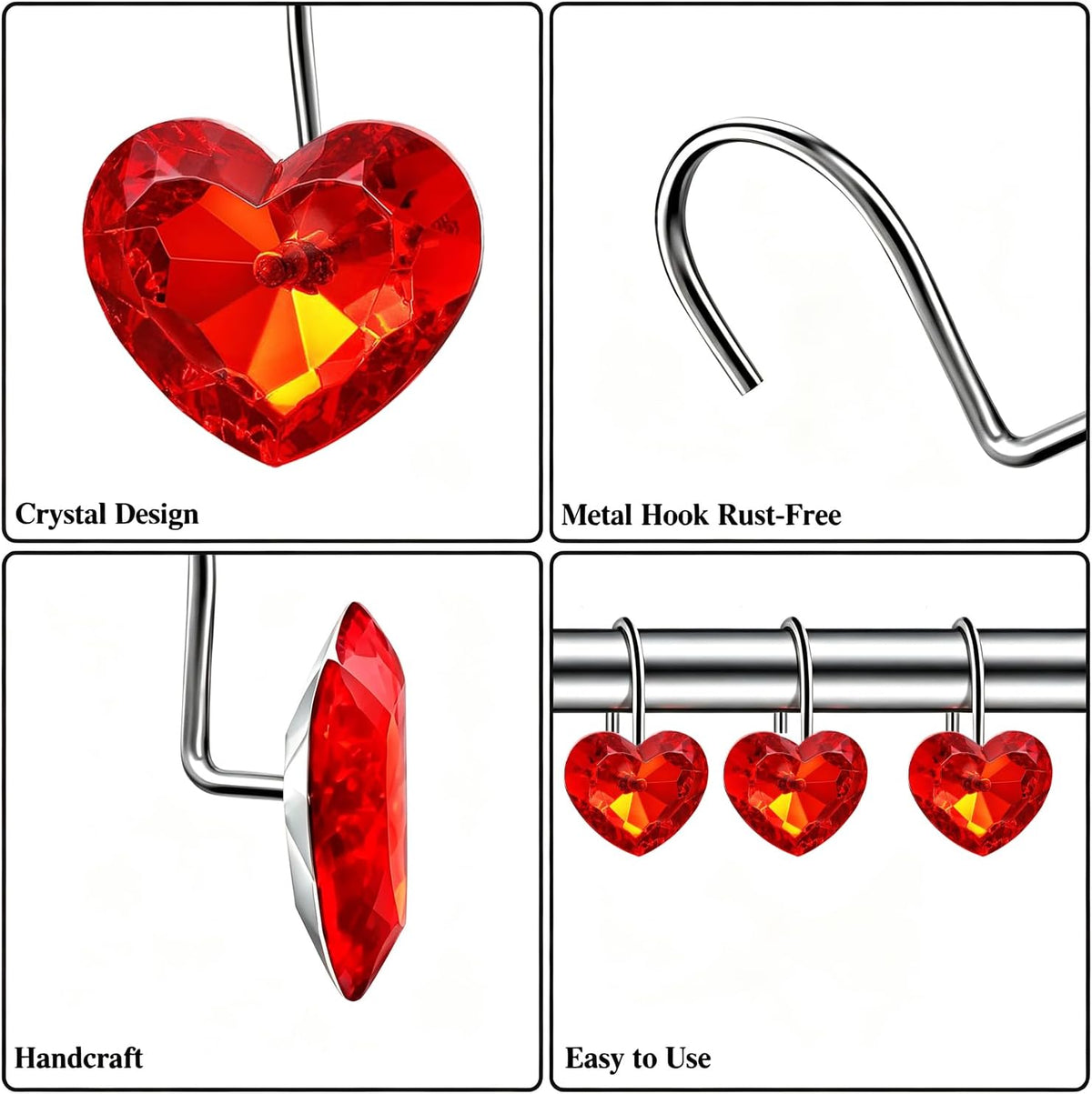 Grace life Set of 12 Heart Shape Clear Bling Rhinestone Shower Curtain Hooks Rings Love Icon Decorative Curtain Rod Hangers Pothook (Red)