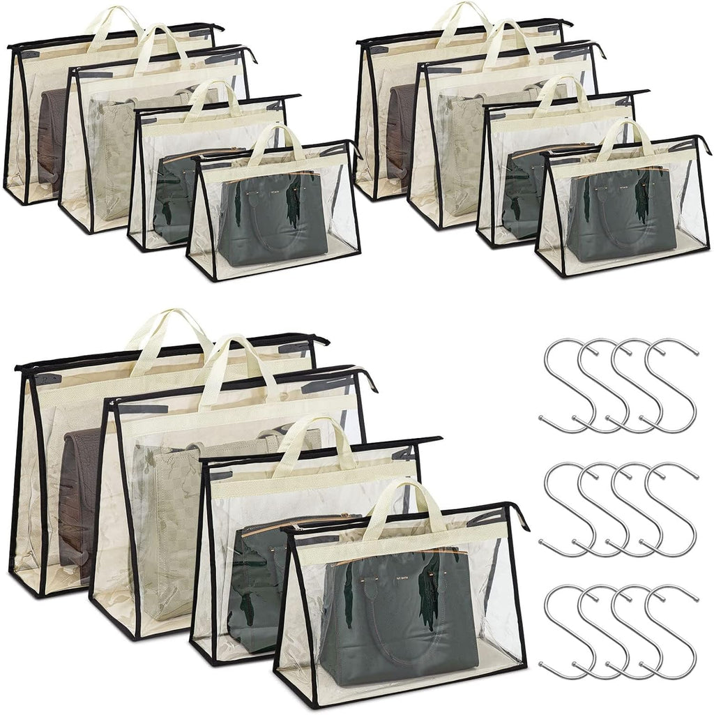 12 Packs Dust Bags for Handbags, Clear Handbag Storage, Purse Storage Organizer for Closet, Purse Cover Hanging Closet Organizer with Zipper and Handles