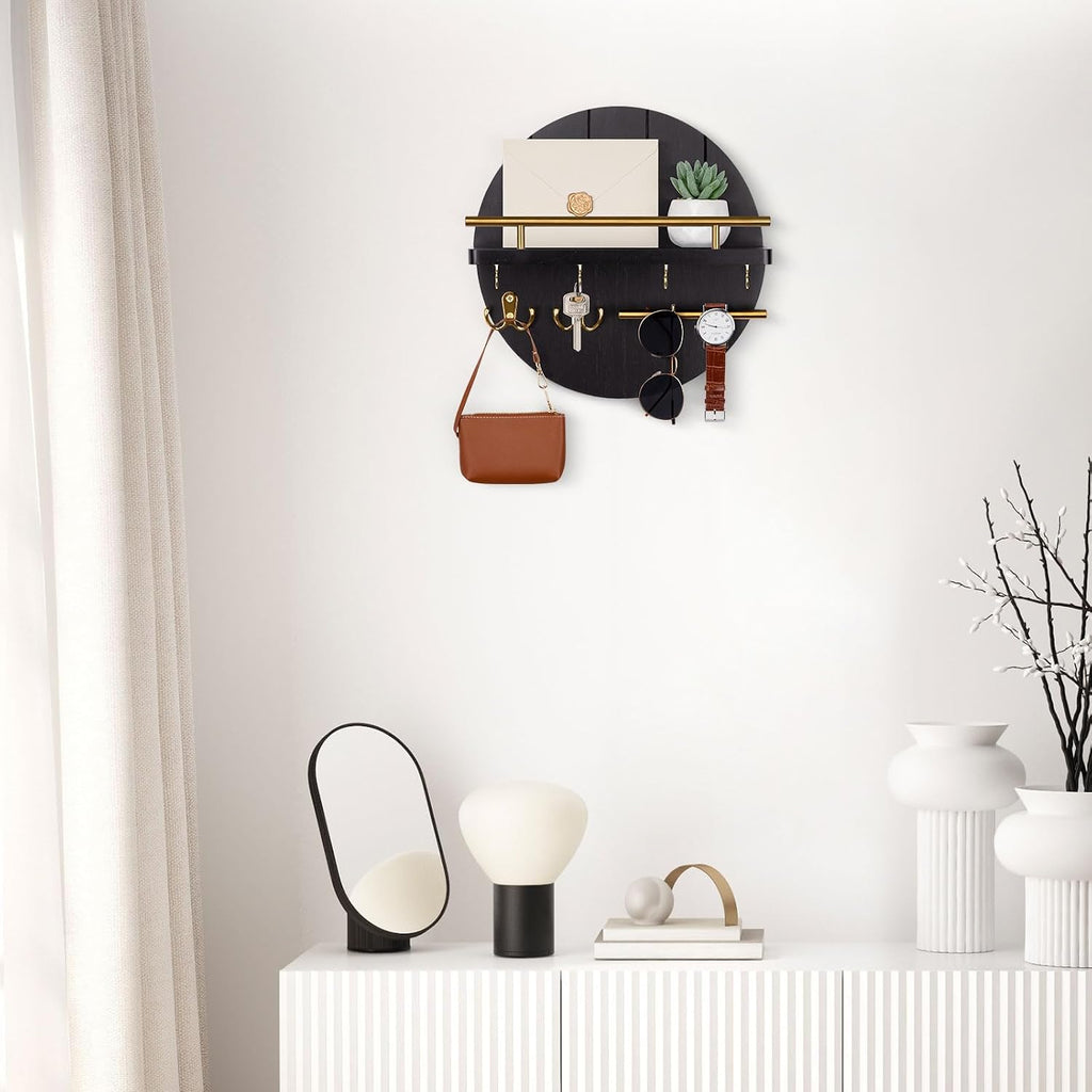 Nekon Key Holder Wall Mount, 11.8” Wood Mail Organizer for Wall, Black