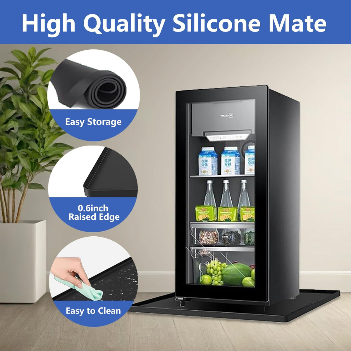 Silicone Mini Fridge Mat,19.7x19.7x0.6 Inch Protective Drip Tray with Raised Edge - Leak Proof Floor Guard for Water Dispenser, Washer, Dryer, Pet Bowls - Easy Clean & Foldable
