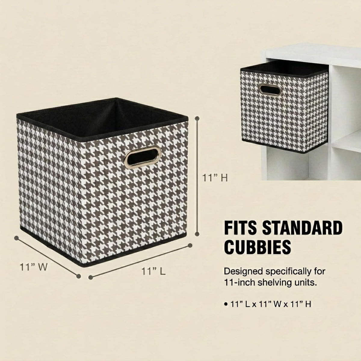 Household Essentials Foldable Fabric Storage Cubes 6-Pack – 11x11x11 Stackable Non-Woven Bins with Chipboard Sides & Grommet Handles – Closet, Shelf, Nursery, or Office Organizer – Houndstooth