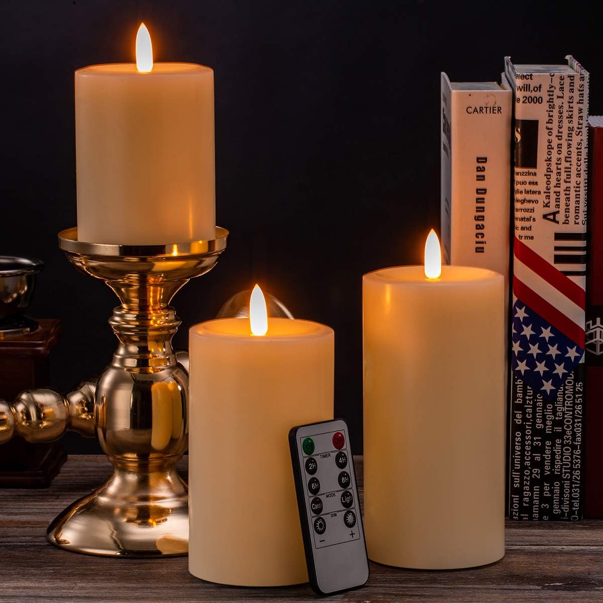Flameless Candles Set of 3, Realistic Real Wax Top Flat 3D Wick Ivory Pillar Candles Set with Remote, Size D: 3'' x H: 4'' 5'' 6'', 2H 4H 6H 8H Timer, Flicker, Dimmer, Run by 2 AA Battery