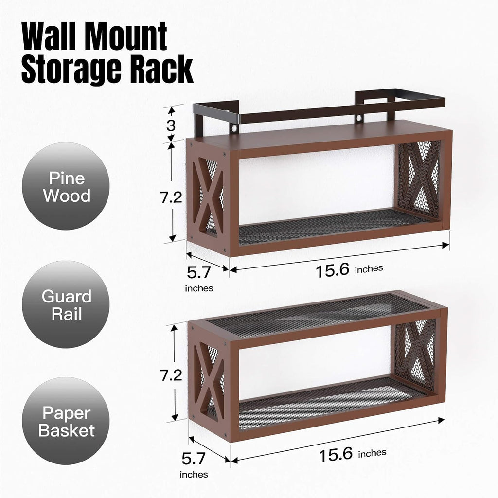 RICHER HOUSE Floating Wood Shelves with Guardrail, Rustic Brown, Wall Mounted, 2 Shelves, Farmhouse Style
