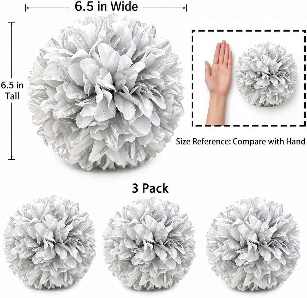 3 Pcs Silver and White Homecoming Mum Flowers, 6.5In Artificial Mum Flowers