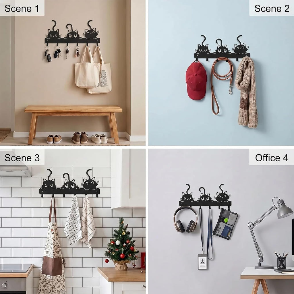 Cat Key Holder for Wall, 3-Cat Key Hanger with 8 Hooks
