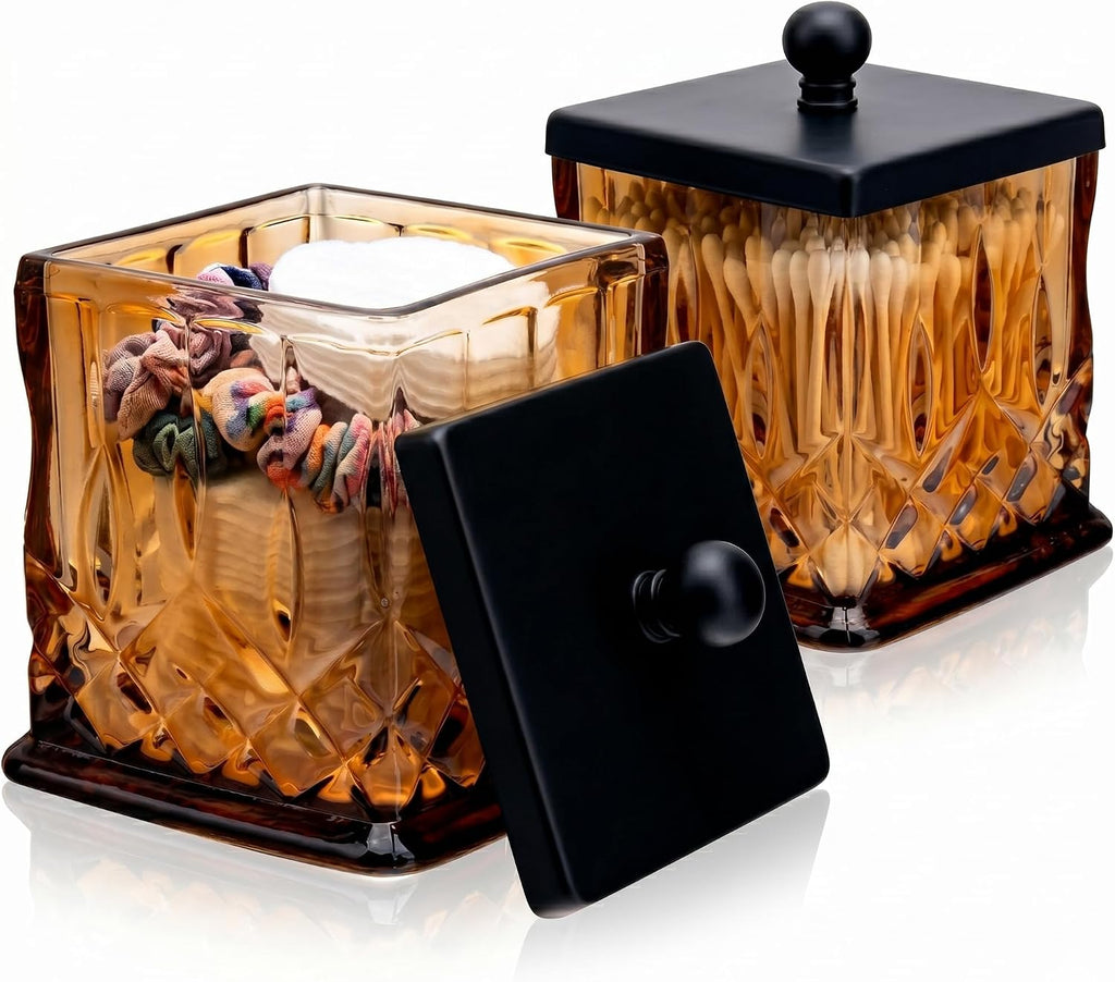 2 Pack 15Oz Amber Q-Tip Holder, Square Thick Glass