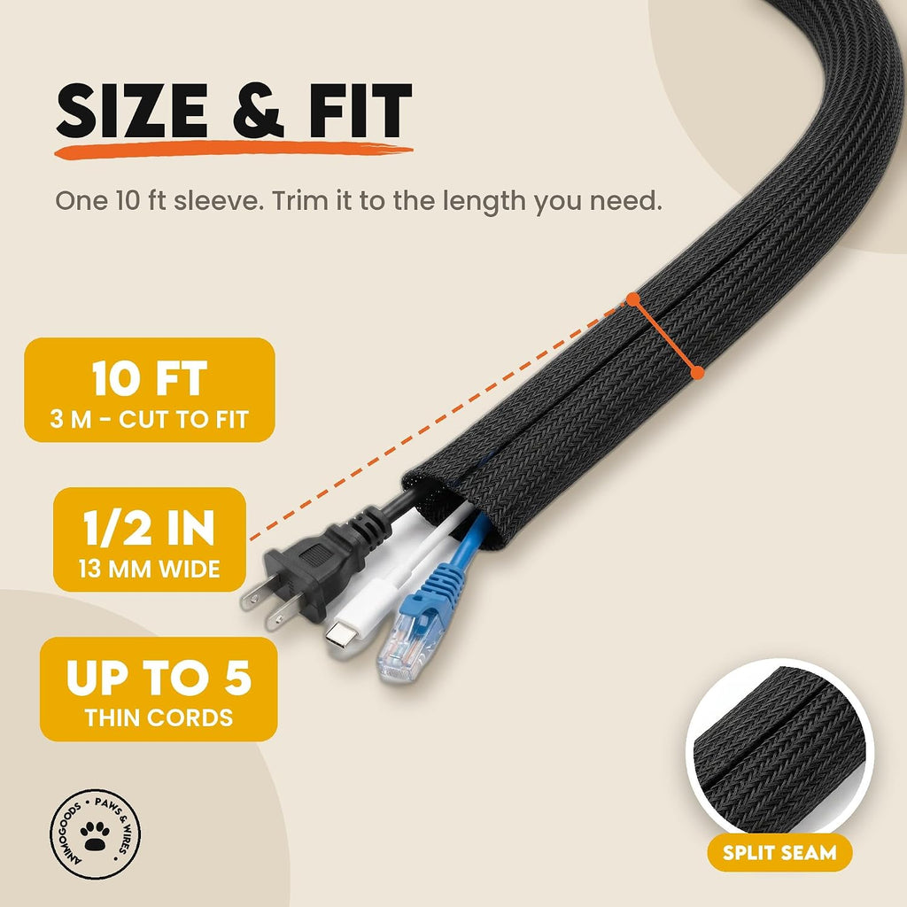 Paws & Wires Cord Protectors from Pets No Chew, 10 ft x 1/2 in Black Braided Cord Cover for Cats & Dogs