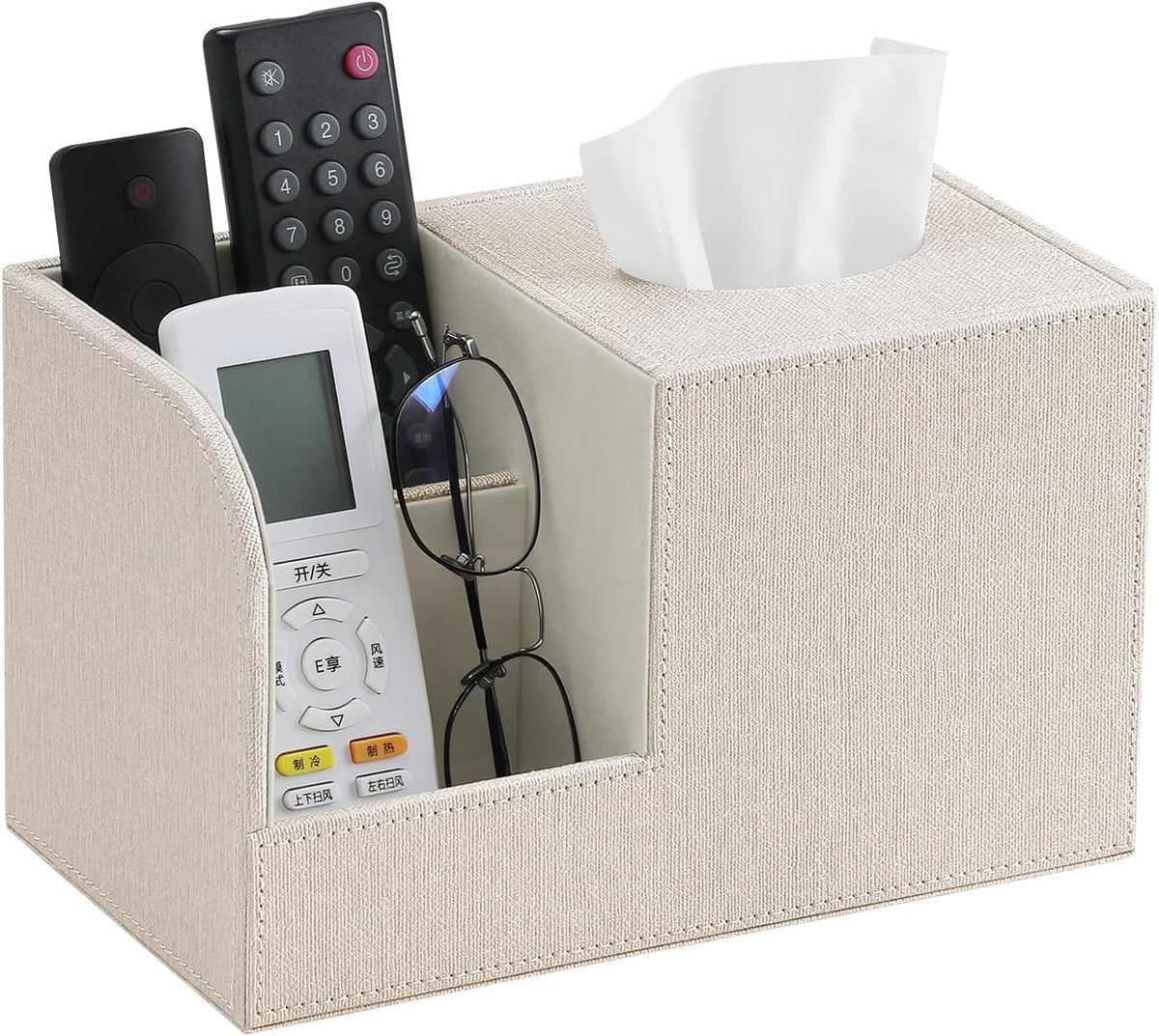 Square Tissue Box Cover with Remote Control Holder, Linen Beige