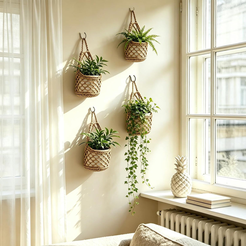 4-Pack 5-Inch Macrame Wall Plant Hangers Fits 4–5" Pots Up to 5" Tal, Natural Cotton Hanging Planter Baskets for Indoor Plants, Boho-Style Woven Plant Baskets for Walls