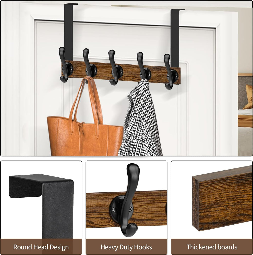 YINMIT Over The Door Hooks, Wood Door Towel Rack with 5 Hooks for Hanging