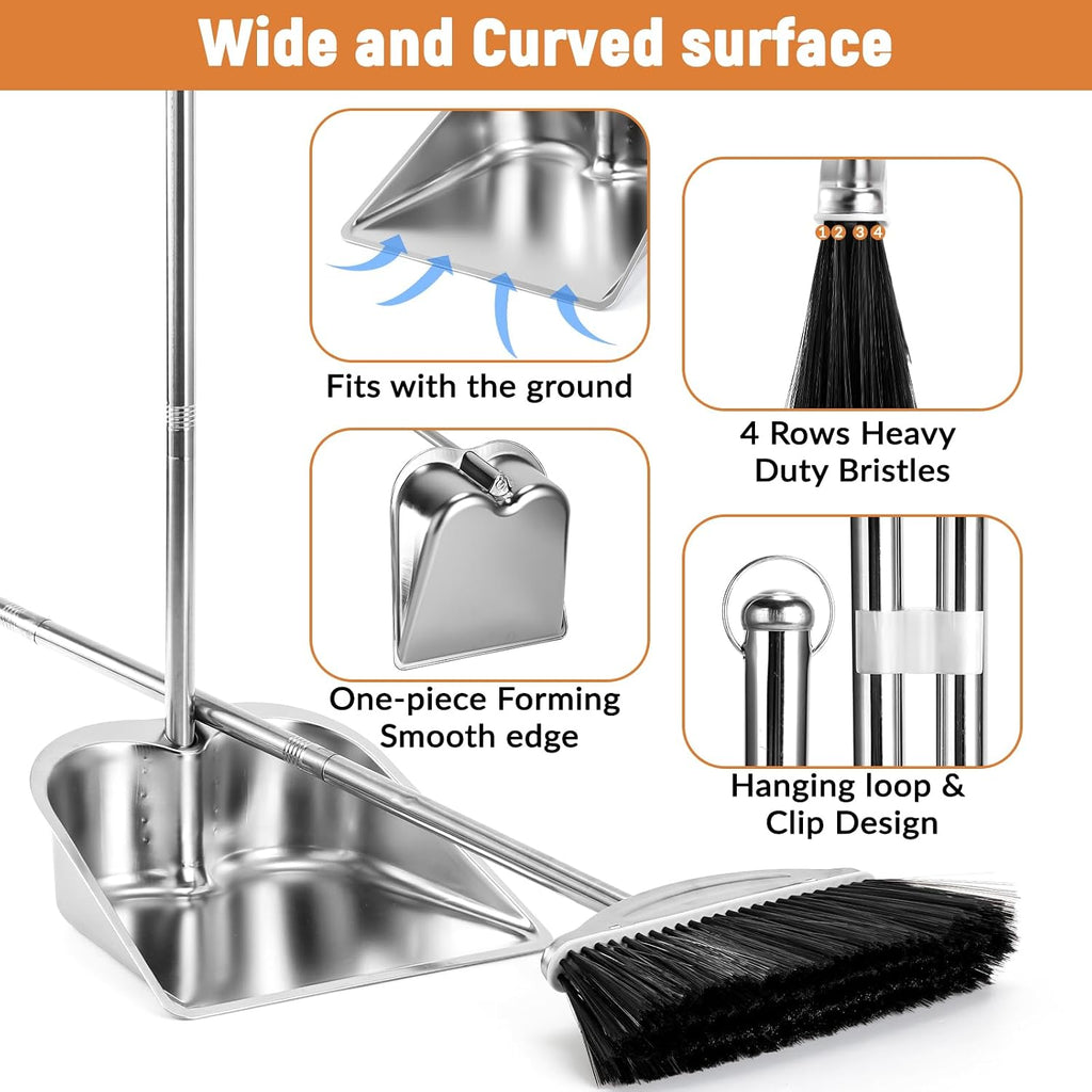Broom with Dustpan Combo Set, 46" Stainless Steel Broom and Dustpan Set for Home, Heavy Duty Dust Pan with Long Handle, Broom for Sweeping Indoor and Outdoor, Kitchen Broom and Dust Pan (Black)