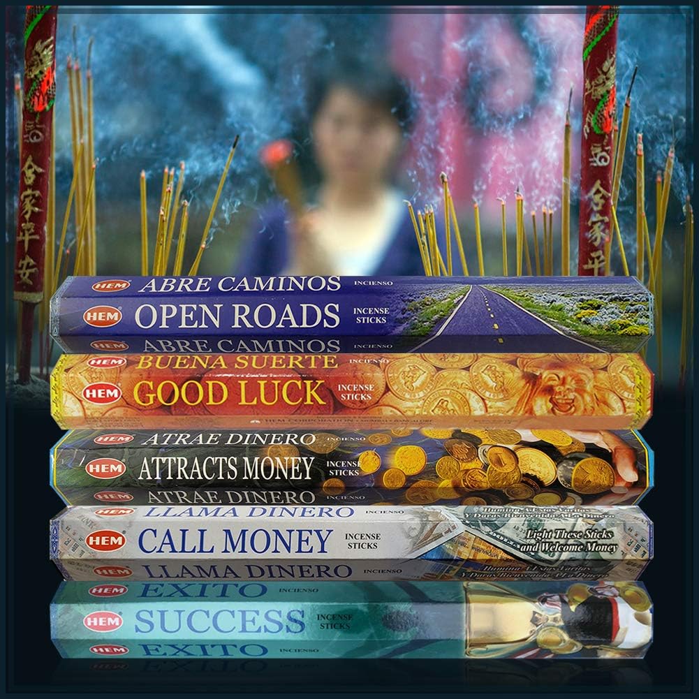 Hem Incense Sticks Variety Pack #5 and Incense Stick Holder Bundle with 5 Money and Success Themed Fragrances