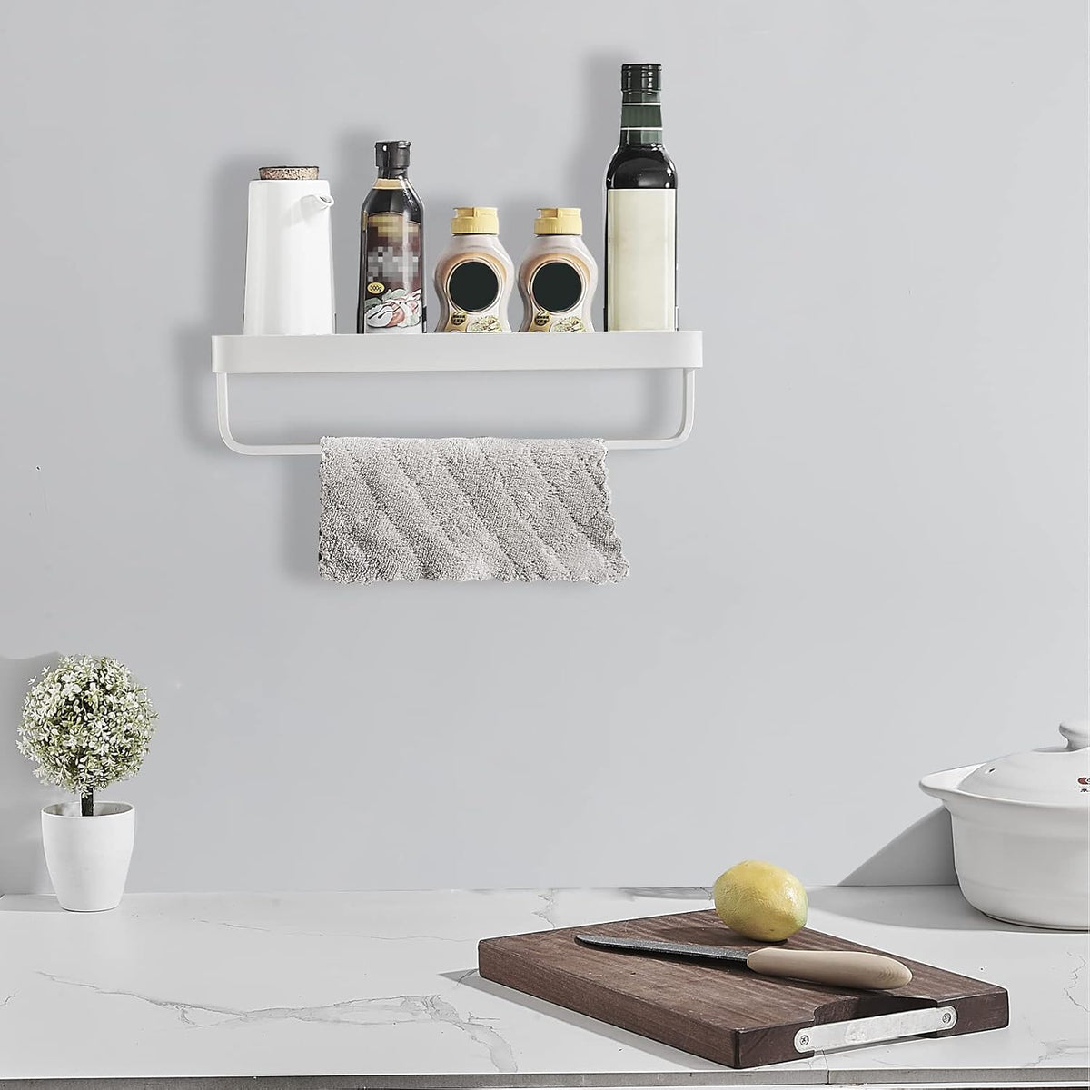 Bathroom Tempered Clear Glass Shelf with Towel Bar Wall Mounted 15.7 Inch Shower Organizer Modern Metal Kitchen Spice Decor Rack Over Toilet Storage Holder Rectangular Vanity White