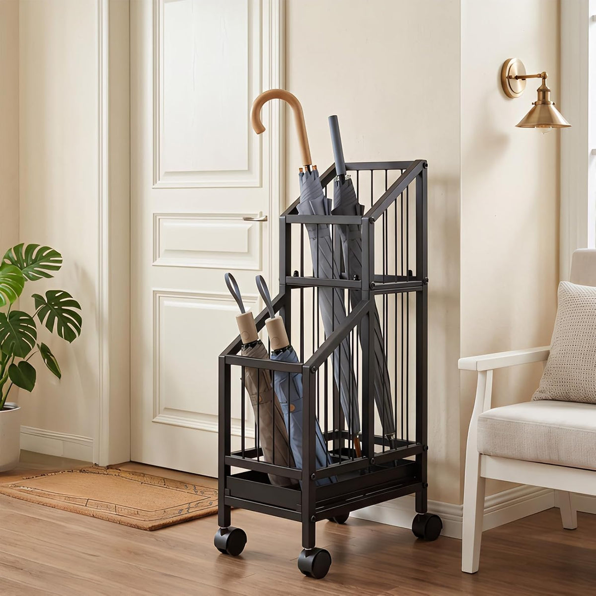 Umbrella Holder for Entryway, Umbrella Storage Stand with Removable Drip Tray & 4 Wheels, Holds 6-8 Umbrellas, 26 Inch Tall Metal Umbrella Rack for Indoor Home Office