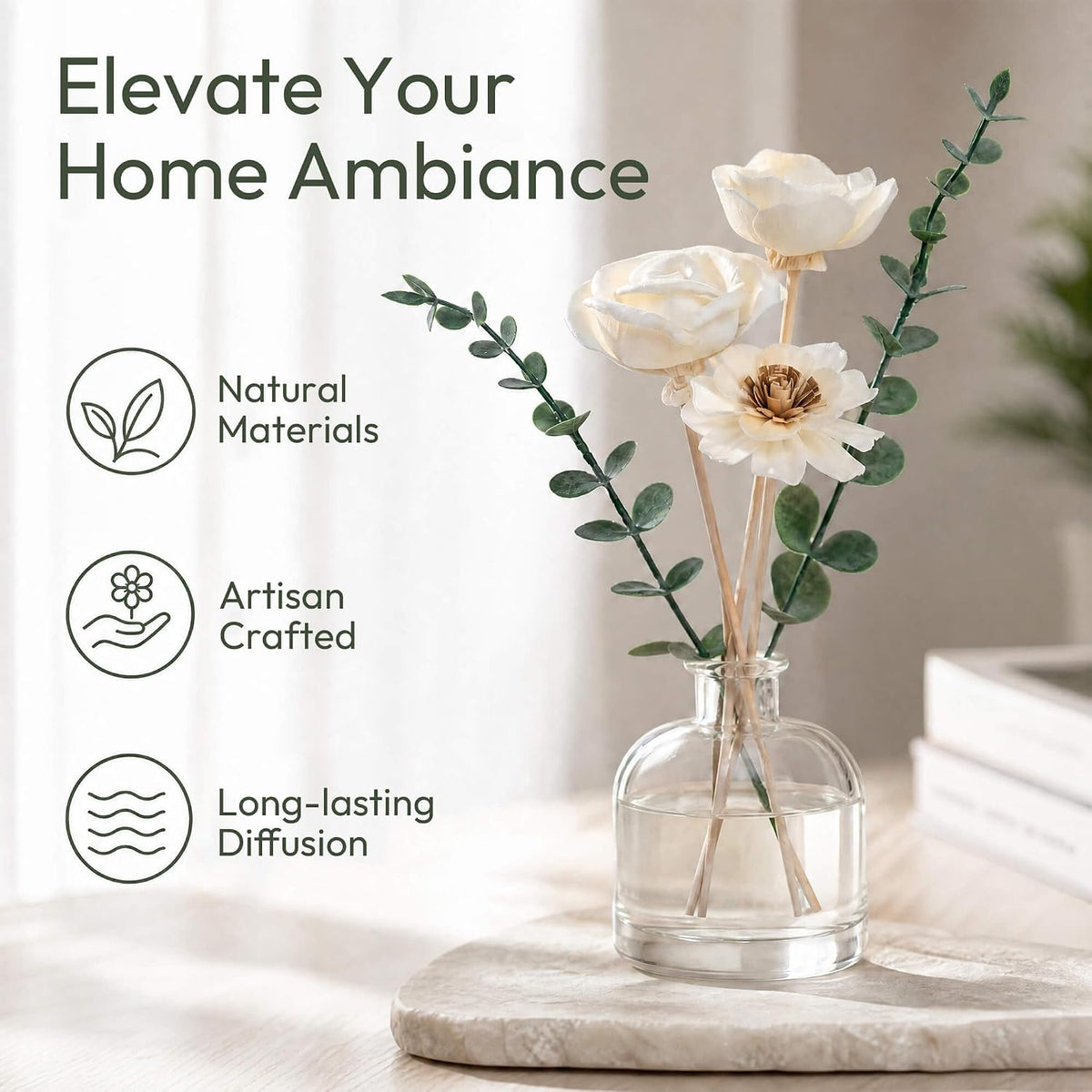 Flower Reed Diffuser Sticks Set of 12, Handmade Sola Wood Flowers with Faux Eucalyptus Stems, Reed Diffuser Sticks for Home Fragrance, Bathroom Aromatherapy & Decoration