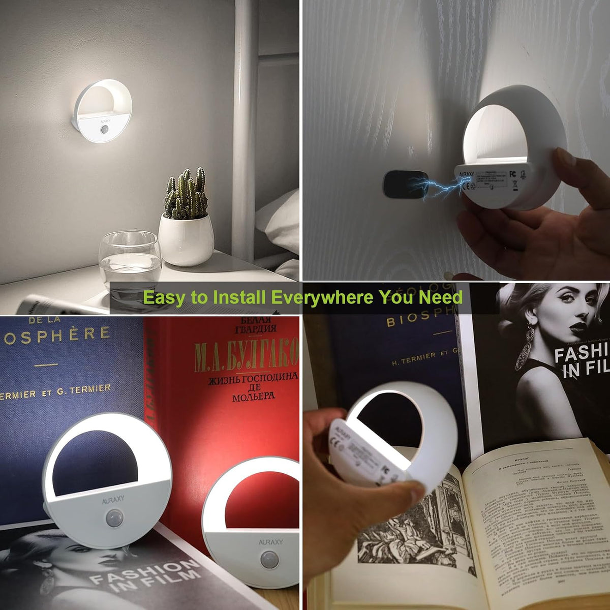 AURAXY Rechargeable Motion Sensor Night Light, Battery Night Lights LED Cool White Magnetic Stick-on Motion Sensored Hallway Light, with Dusk to Dawn Sensor for Stair, Wall, Bedroom, Bathroom(3 Pack)