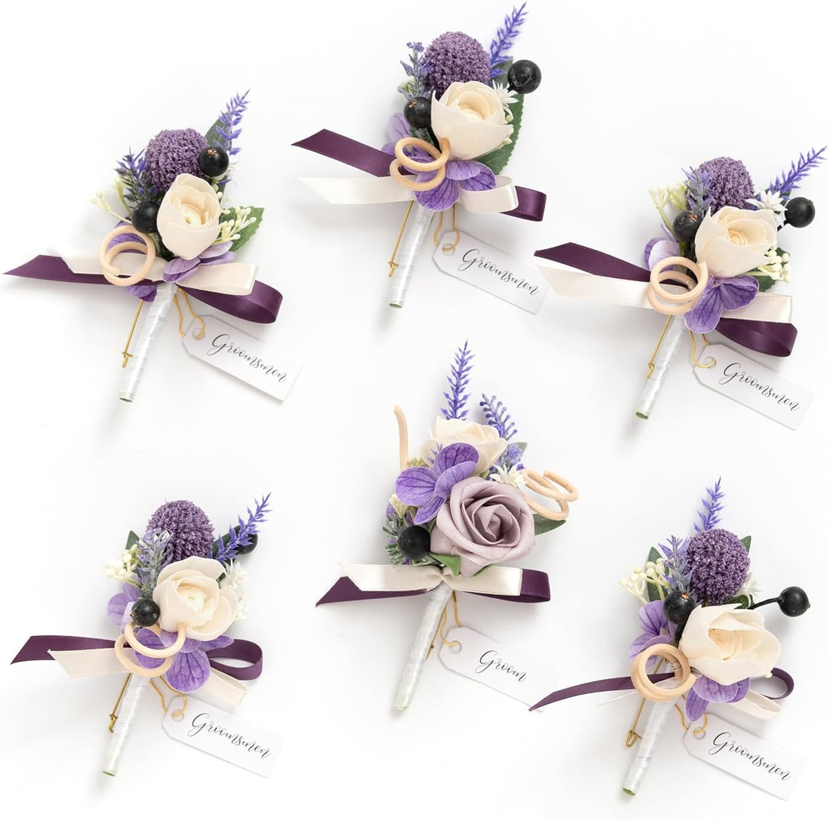 Ling's moment Boutonniere for Men, Purple Lavender Lilac, 6pcs