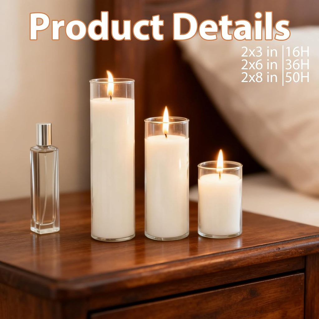 12 Pack Unscented White Pillar Candles in Clear Hurricane Glass, 3 Sizes 3/6/8 Inch (4 Each), Cylinder Candles for Wedding Centerpiece, Dinner Party Indoor & Outdoor Home Decor