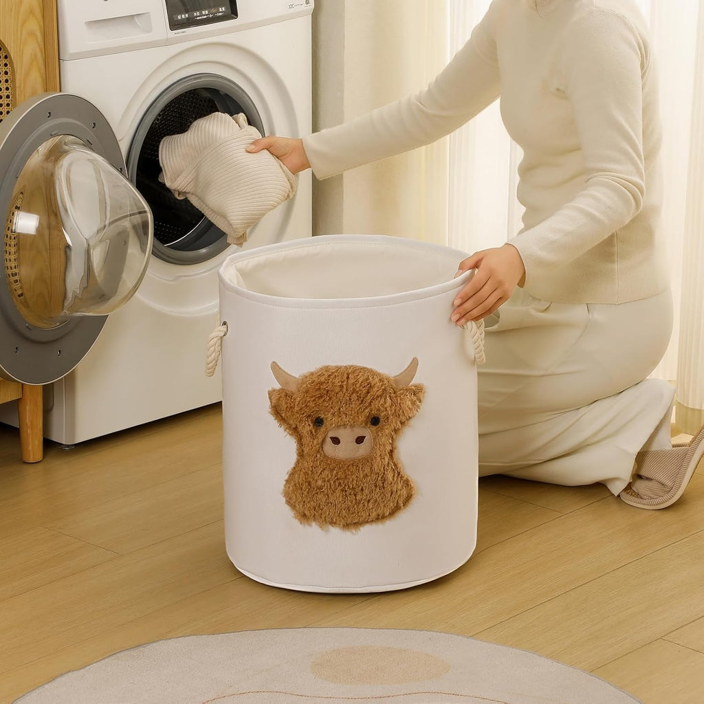 Kids Laundry Basket Baby Hamper for Nursery, 58L Large Dirty Clothes Hampers with Drawstring Closure, Highland Cow Baby Stuff Storage Basket, Stuffed Animal Storage Basket Canvas Toy Laundry Hamper