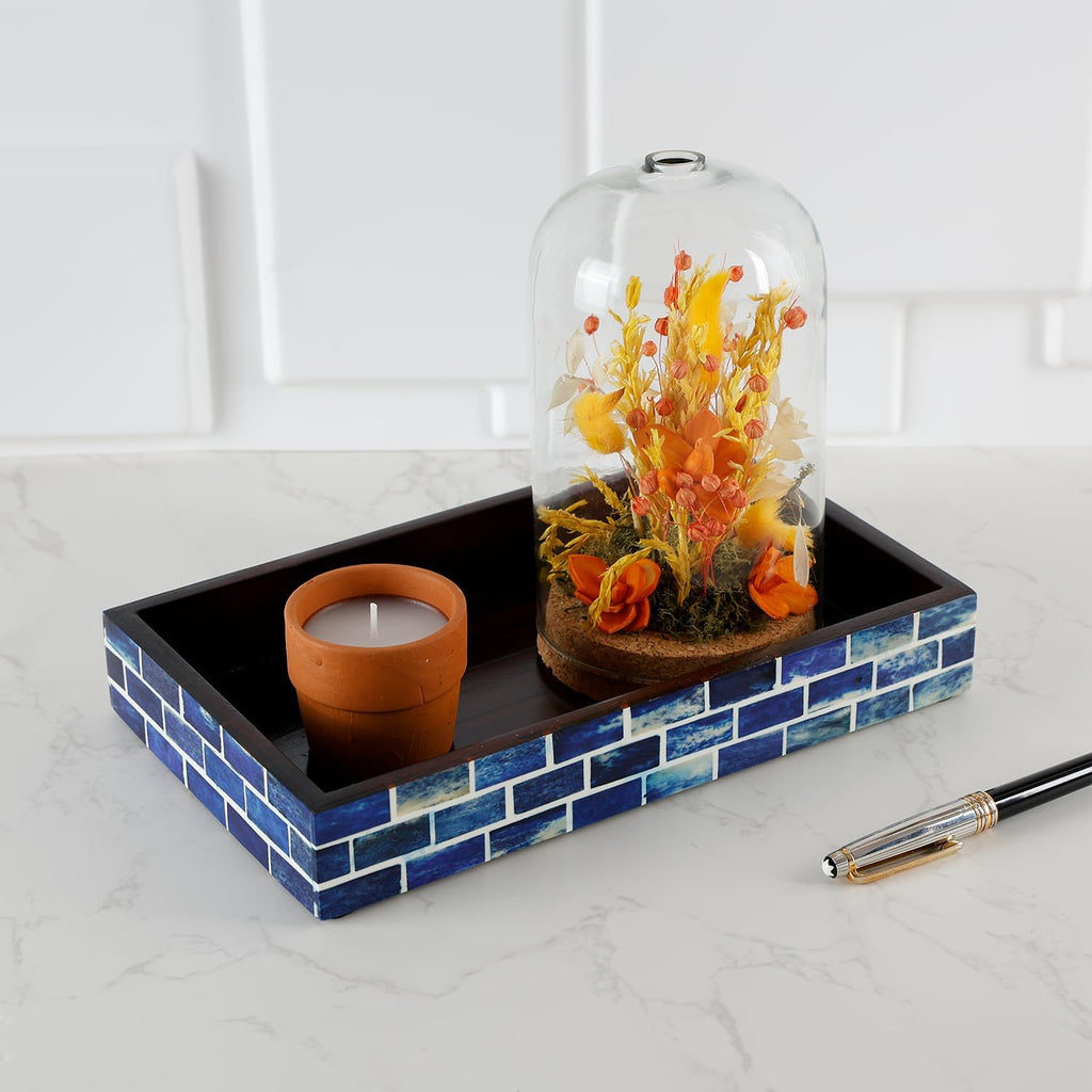 Handicrafts Home Bone Inlay Indigo Decorative Organizer Vanity Tray, 10x6
