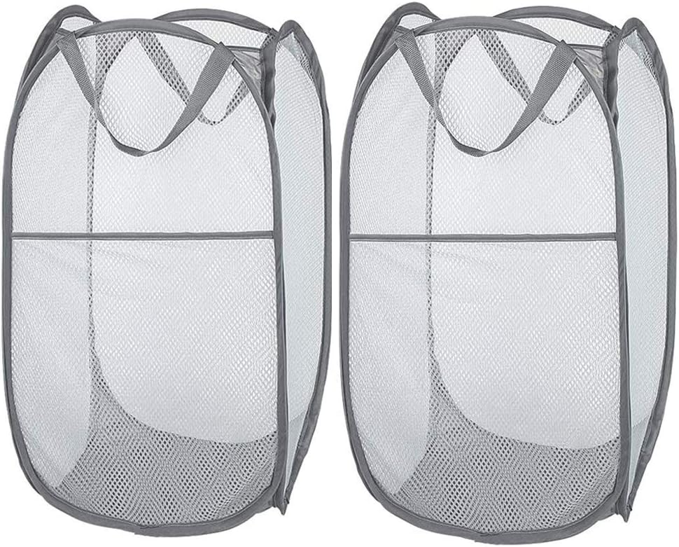 Larpur 2 Pcs Popup Mesh Laundry Baskets, Collapsible and Portable Clothes Washing Laundry Hampers with Reinforced Carry Handles, Gray Clothes Hamper for Home, Travel, College Dorm