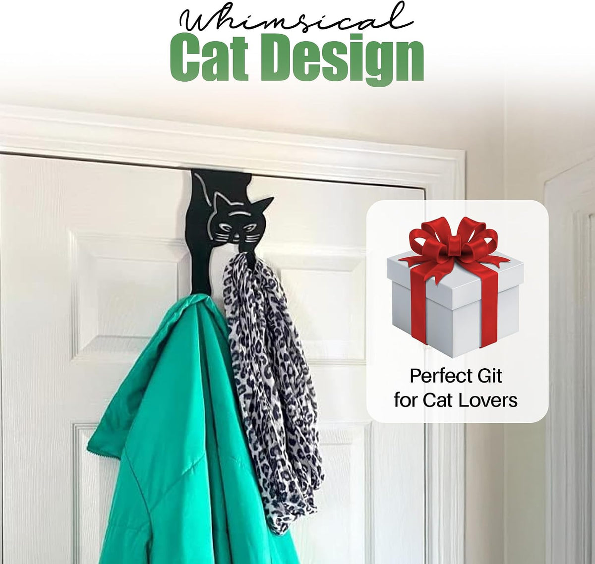 Evelots Cat Over the Door Hooks, Heavy Duty Metal Coat & Towel Hanger