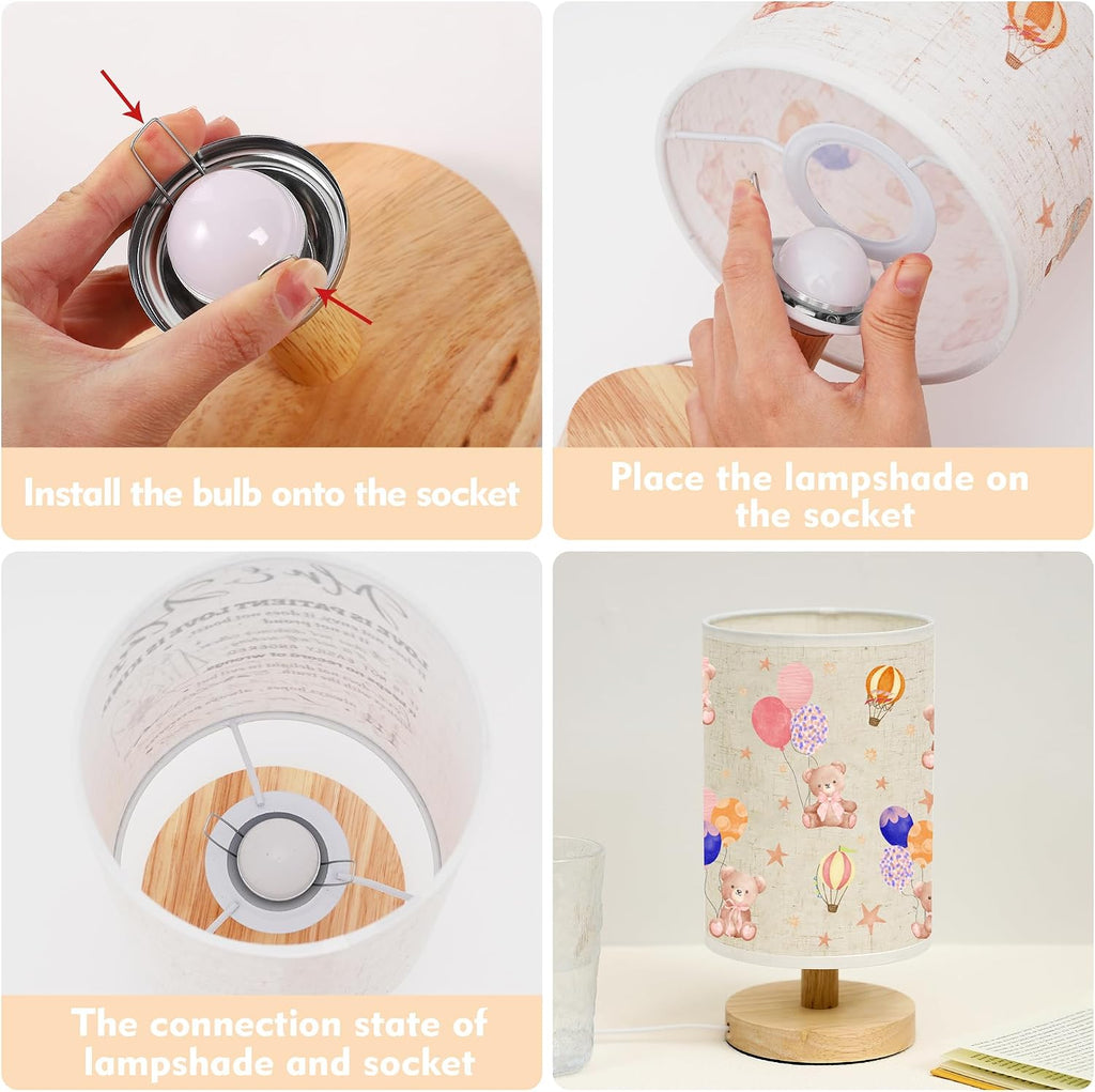 WSYEAR Bear Kids Table Lamp for Bedroom Kids Bedside Lamp with Linen Wooden Nightstand Cartoon Nursery Lampshade for Girls Boys Living Room