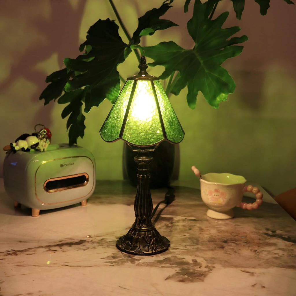 Tiffany Style Table Lamp Green Rippled Stained Glass Lamp 14 Inch