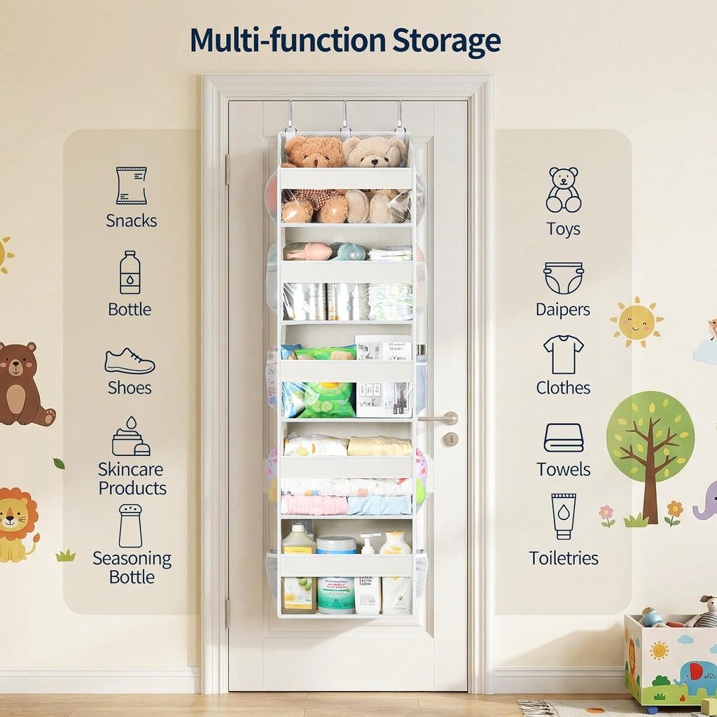 Yecaye 5 Tier Clear Over the Door Organizer Hanging, 5 Large Plastic Pockets and 10 Side Pockets Back of Door Organizer, 56lbs Weight Capacity Behind the Door Storage for Nursery, Ivory White