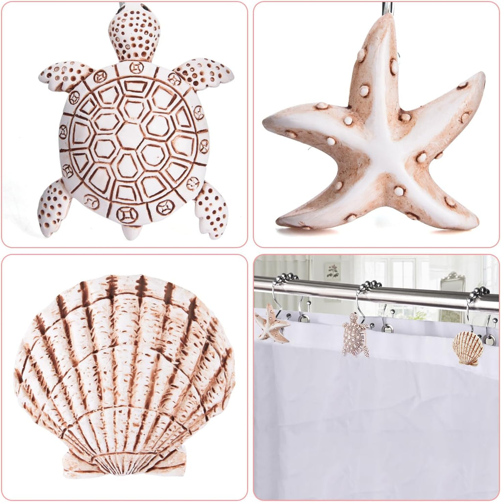 Double Shower Curtain Hooks,12Pcs Seashell Decorative Shower Curtain Rings