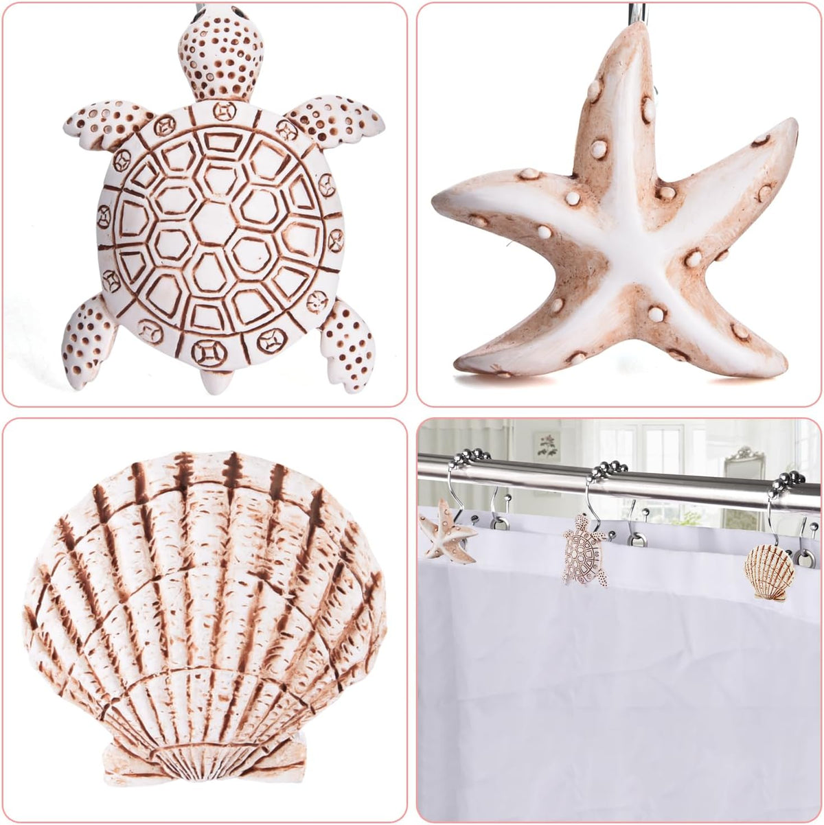 Double Shower Curtain Hooks,12Pcs Seashell Decorative Shower Curtain Rings