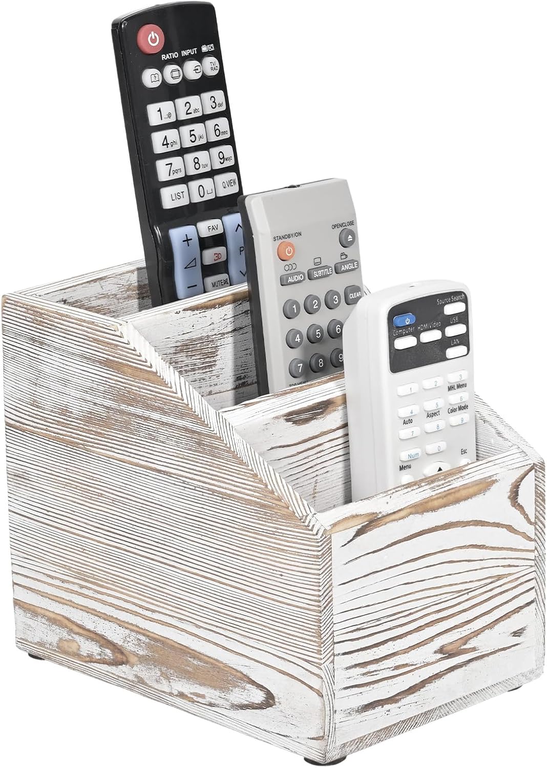 Wooden TV Remote Control Holder, 3-Slot TV Remote Caddy (White)
